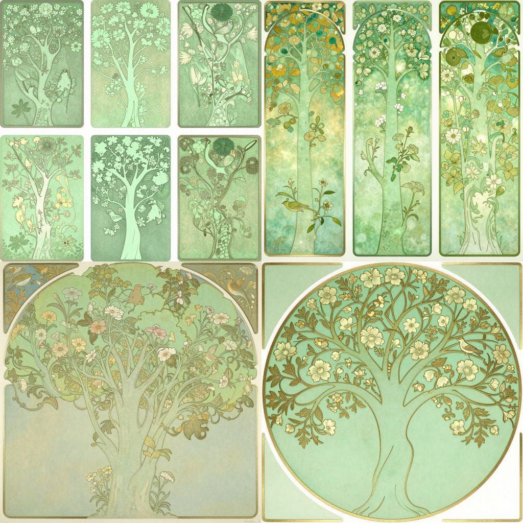 Art Nouveau Trees with Floral & Bird Ornaments