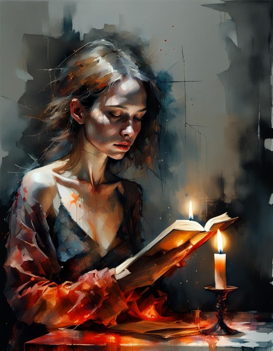 Candlelit Reader in Dark Room: Minimalist Alcohol Ink