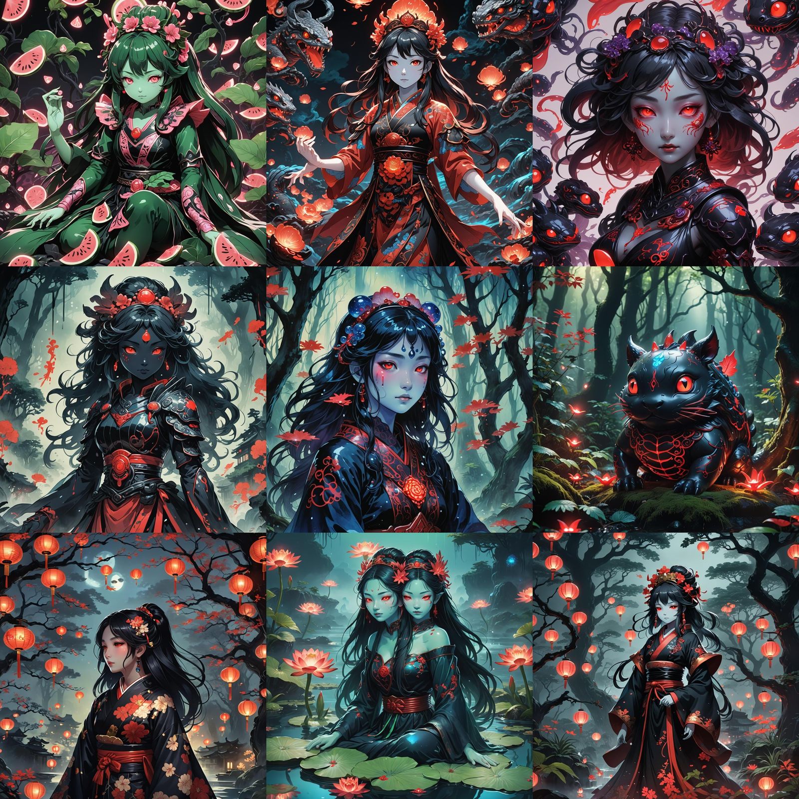 Bioluminescent Kappa Yokai Princess in Cel-Shaded Anime Styl...