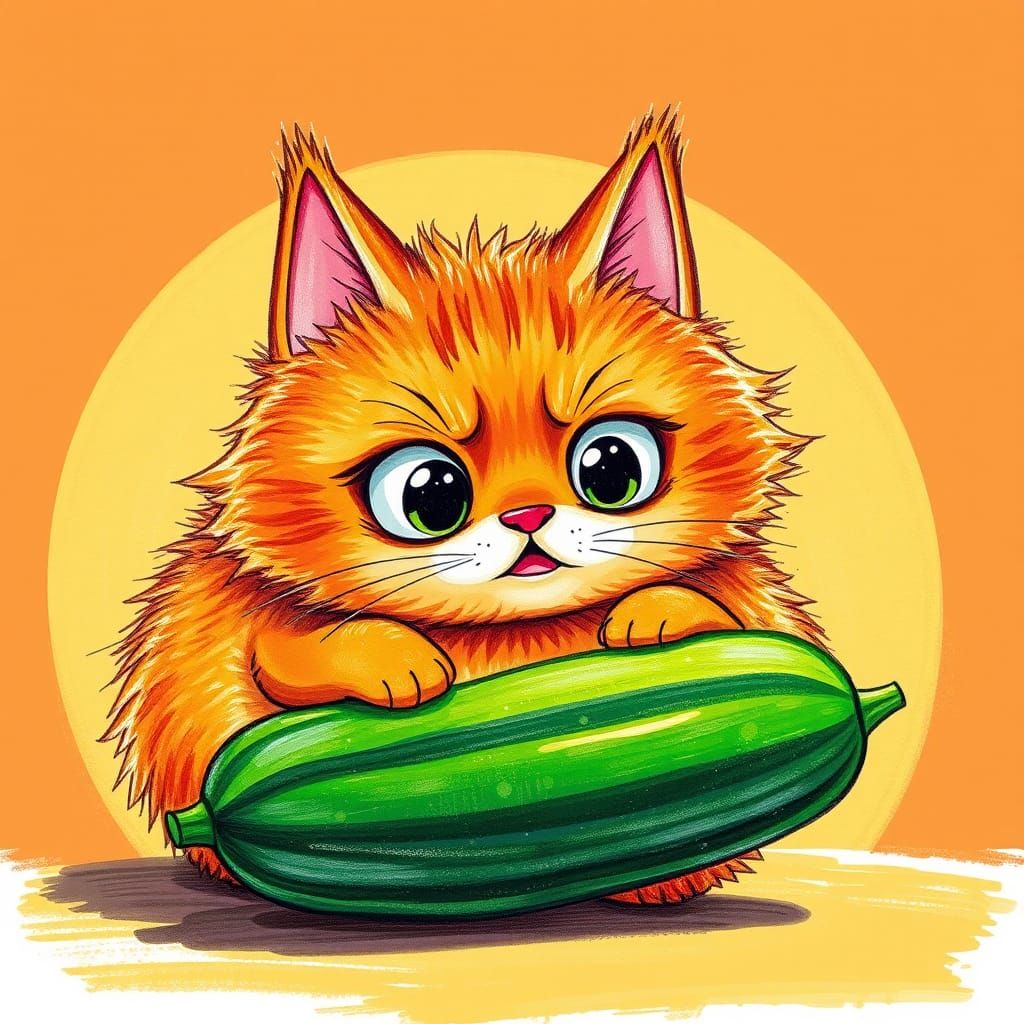 A drawing of a chubby orange tabby cat in chibi style with big, expressive eyes and fur standing on end, staring fearful...