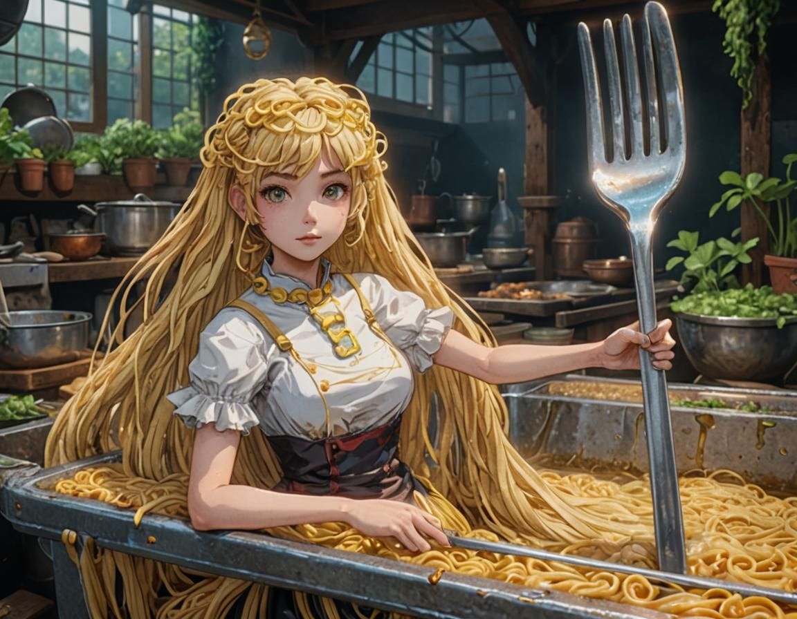 Girl with Noodle Hair in Anime Style