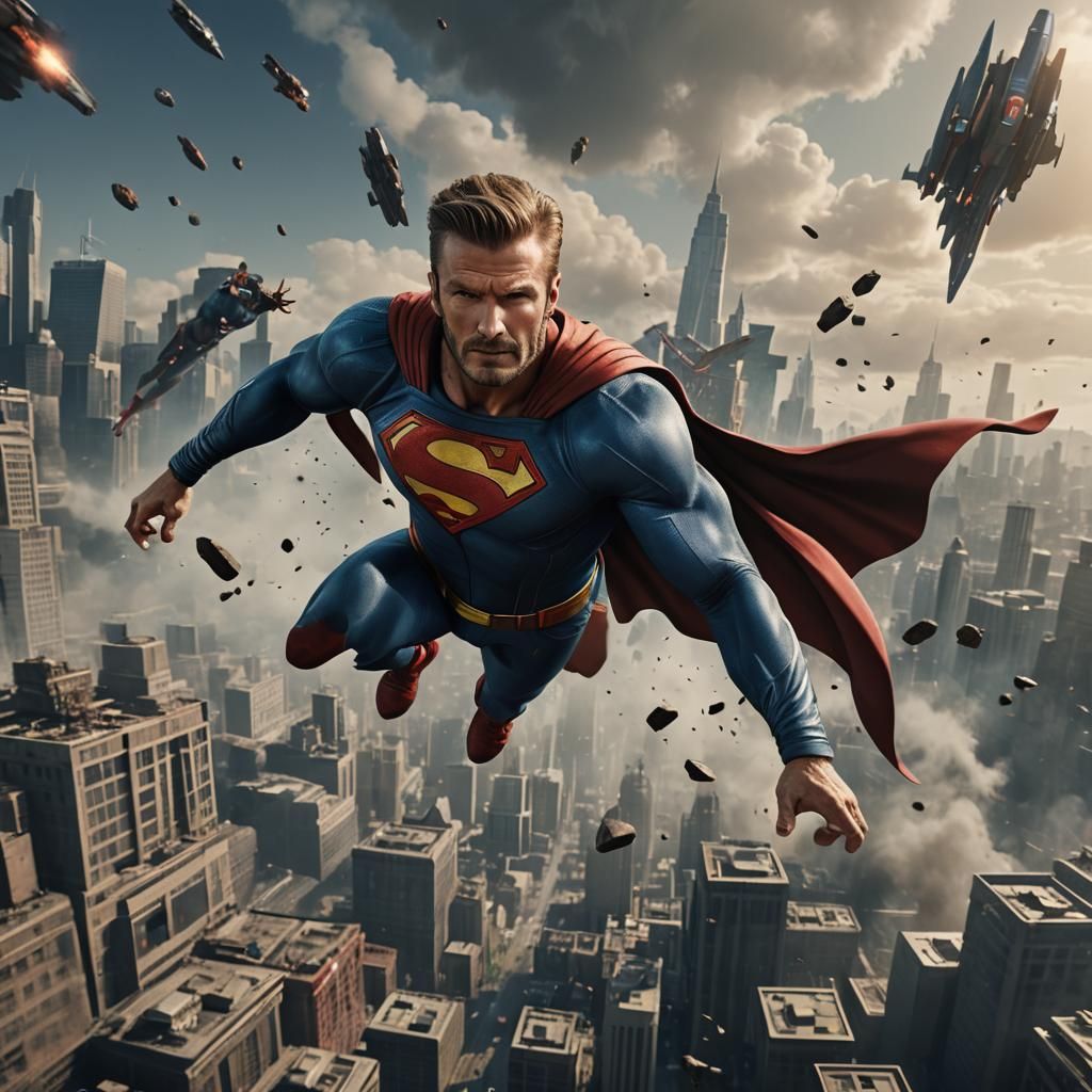 David Beckham as superman, Cinematic shot flying, action sho...