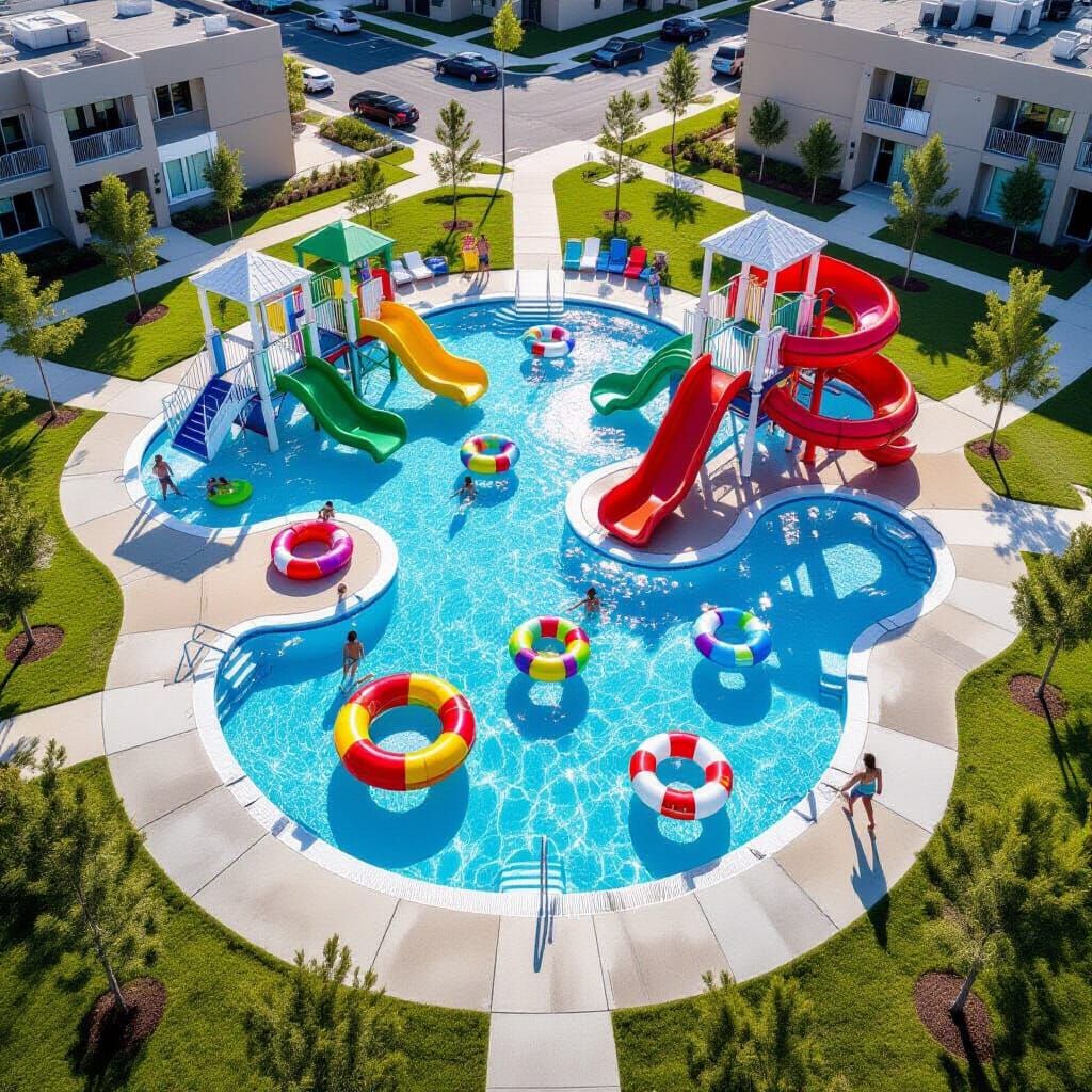 Vibrant Water Park with Slides and Play Structures