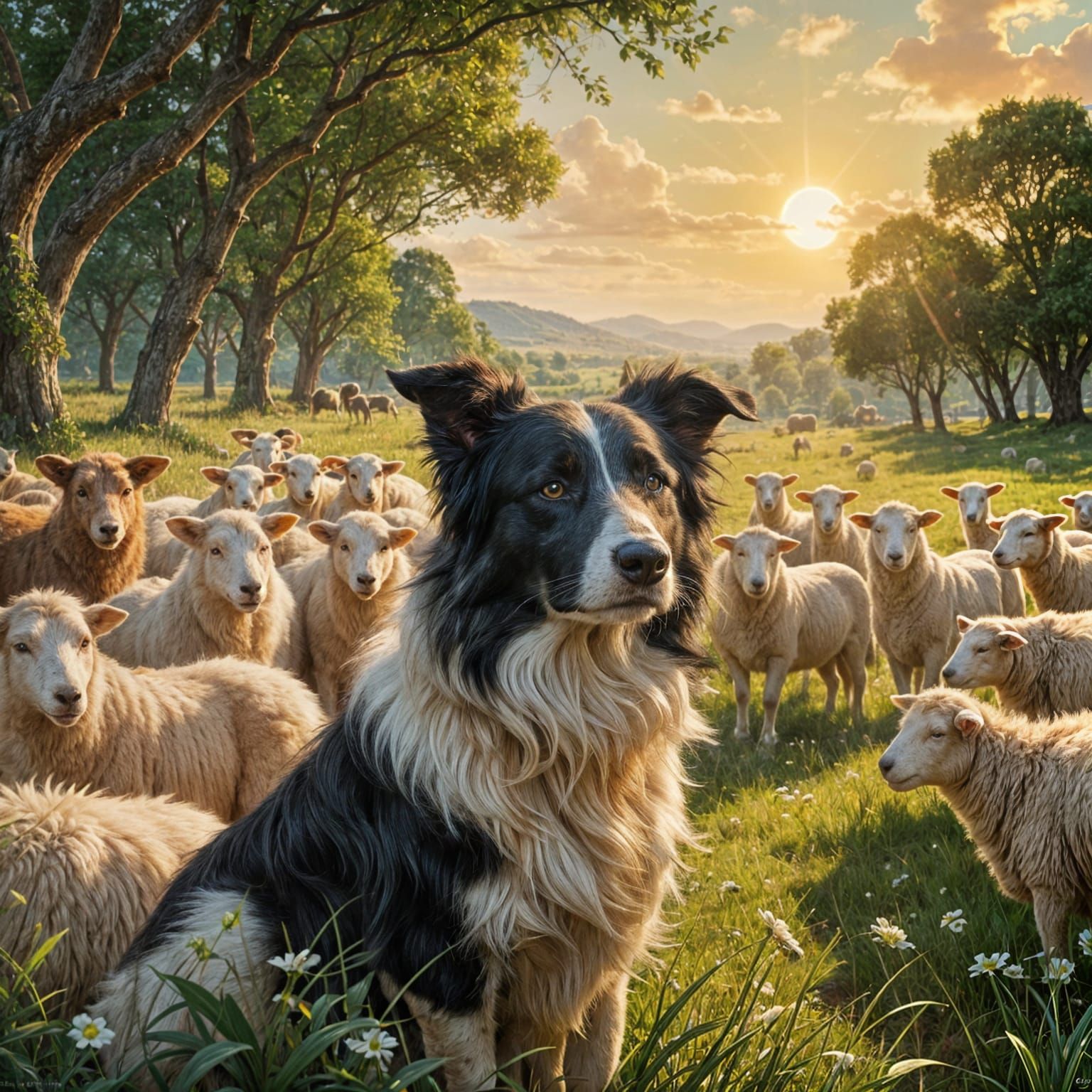 Vigilant Border Collie Guarding Sheep Under Sunny Skies