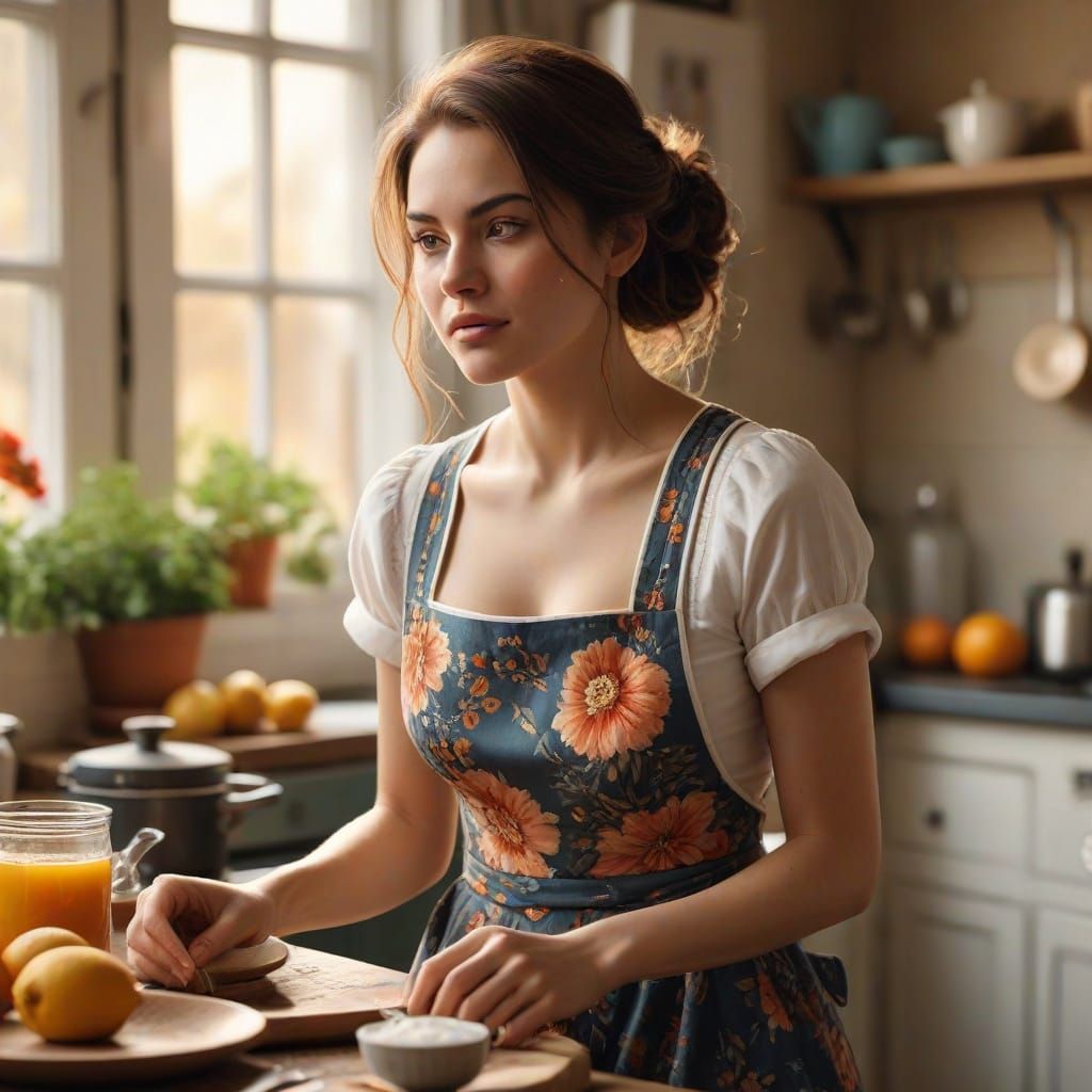 Young Tradwife in Cozy Kitchen Morning Scene