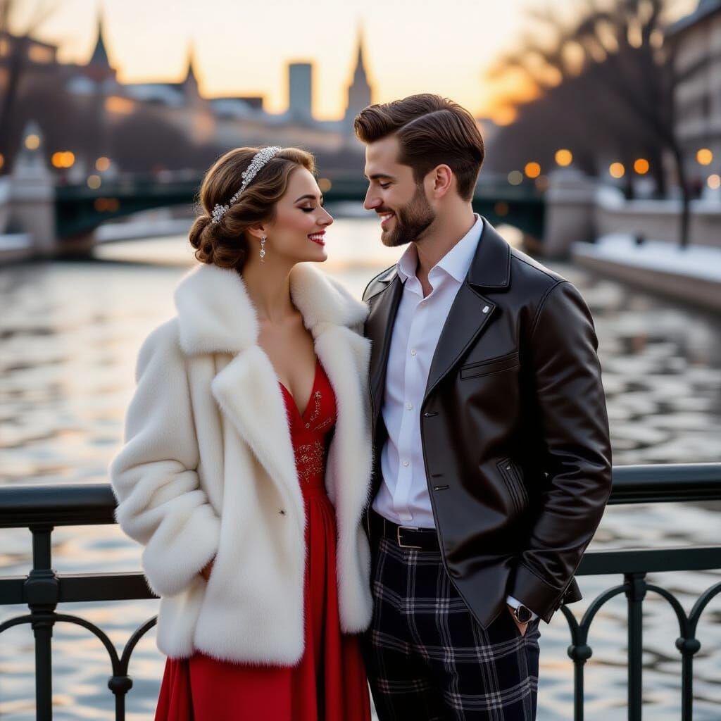 Gatsby Couple Flirting on Bridge in Autumn Snow