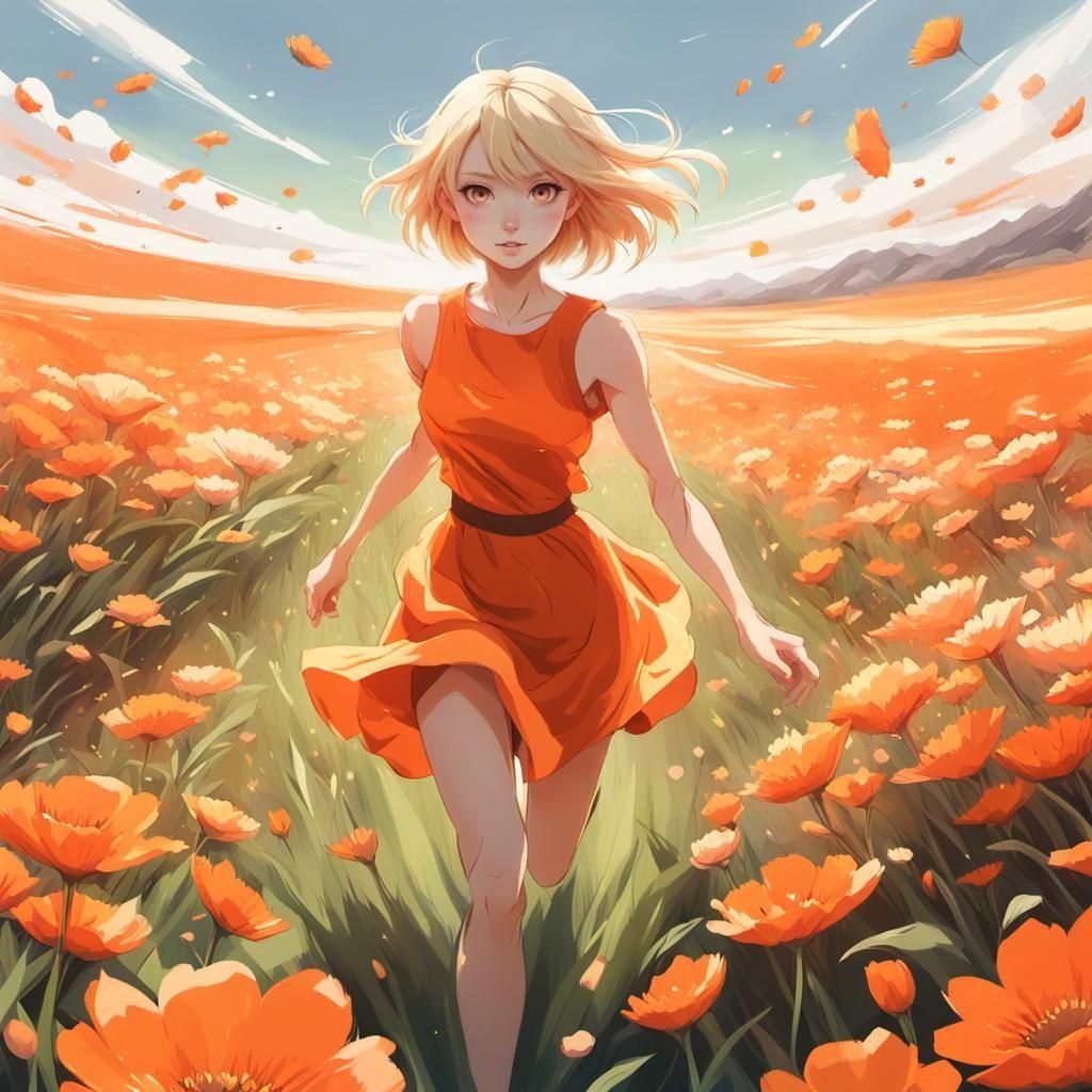 Charming Blonde Girl Runs in Vibrant Floral Field