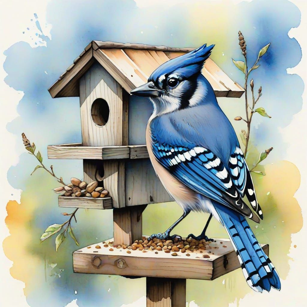 Blue Jay on Bird Table in Watercolour