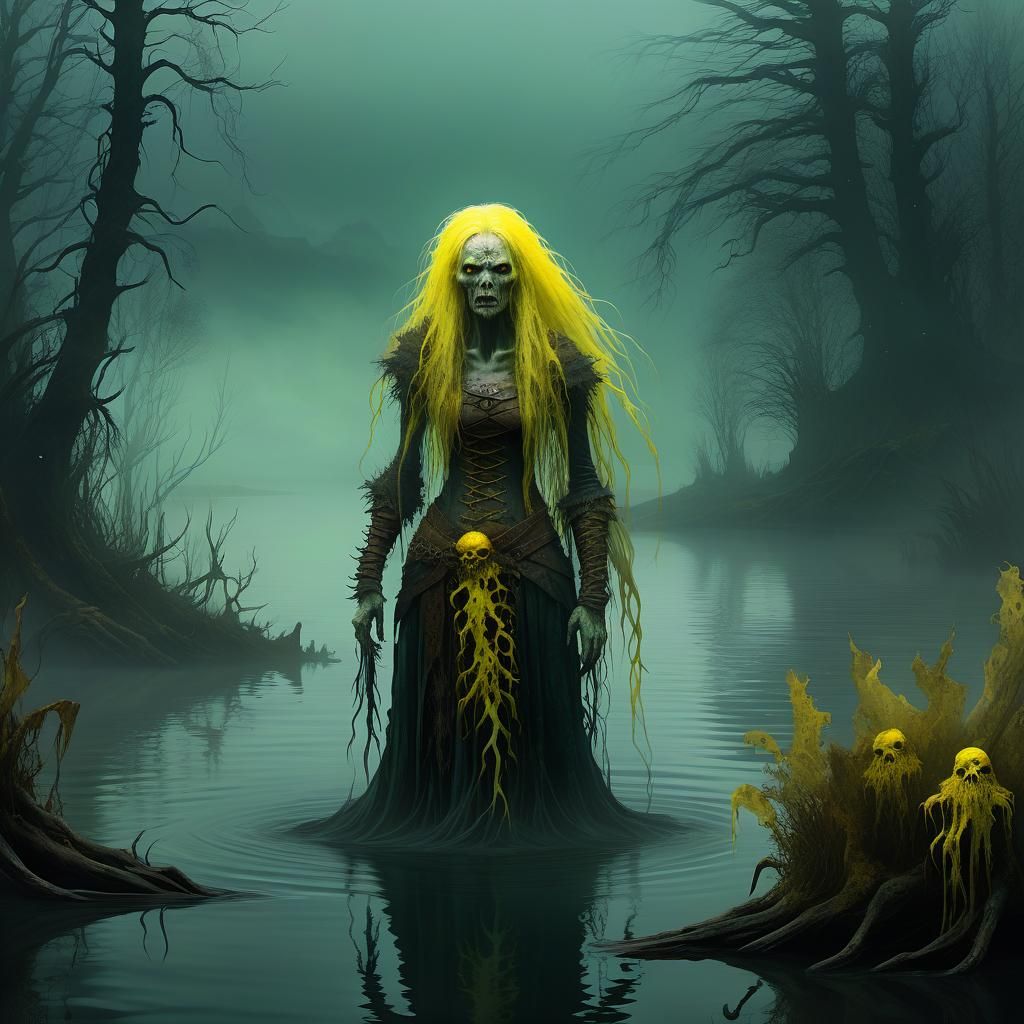 Menacing Sea Hag on Foggy Lake: Dark Fantasy Art