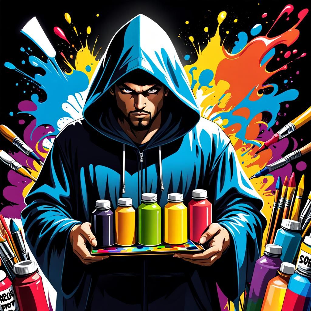 Hooded Graffiti Artist in Comic Book Style
