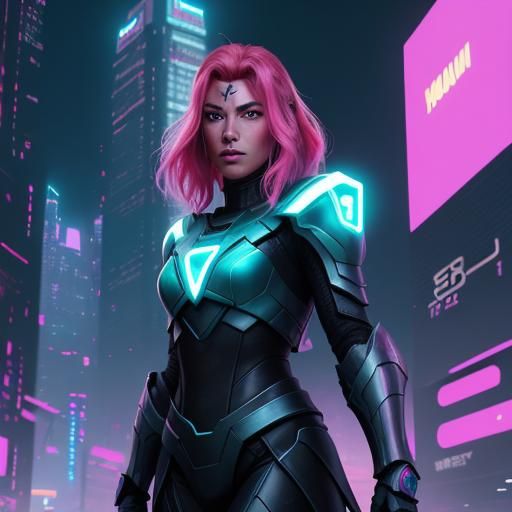 Futuristic Female Warrior in Neon Cityscape
