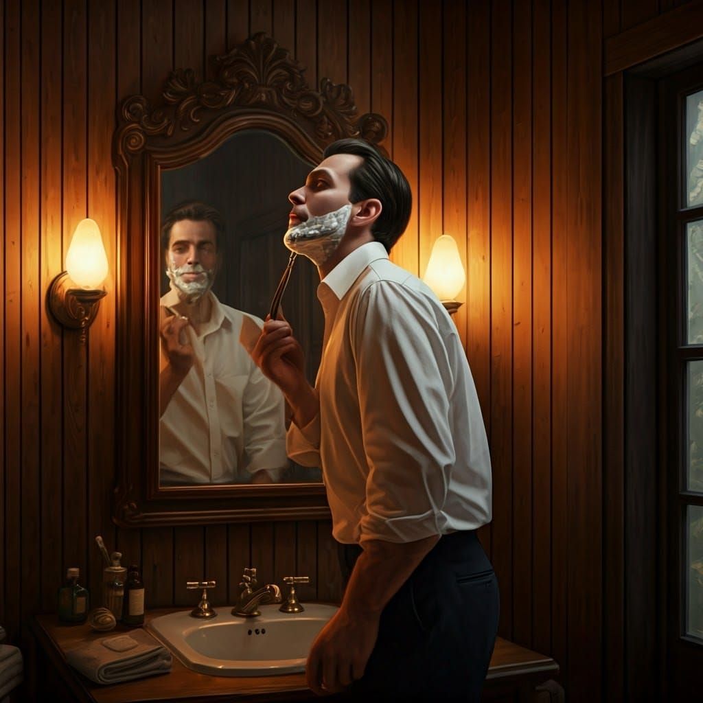 Man Shaving in Rustic Bathroom, Nostalgic Realism