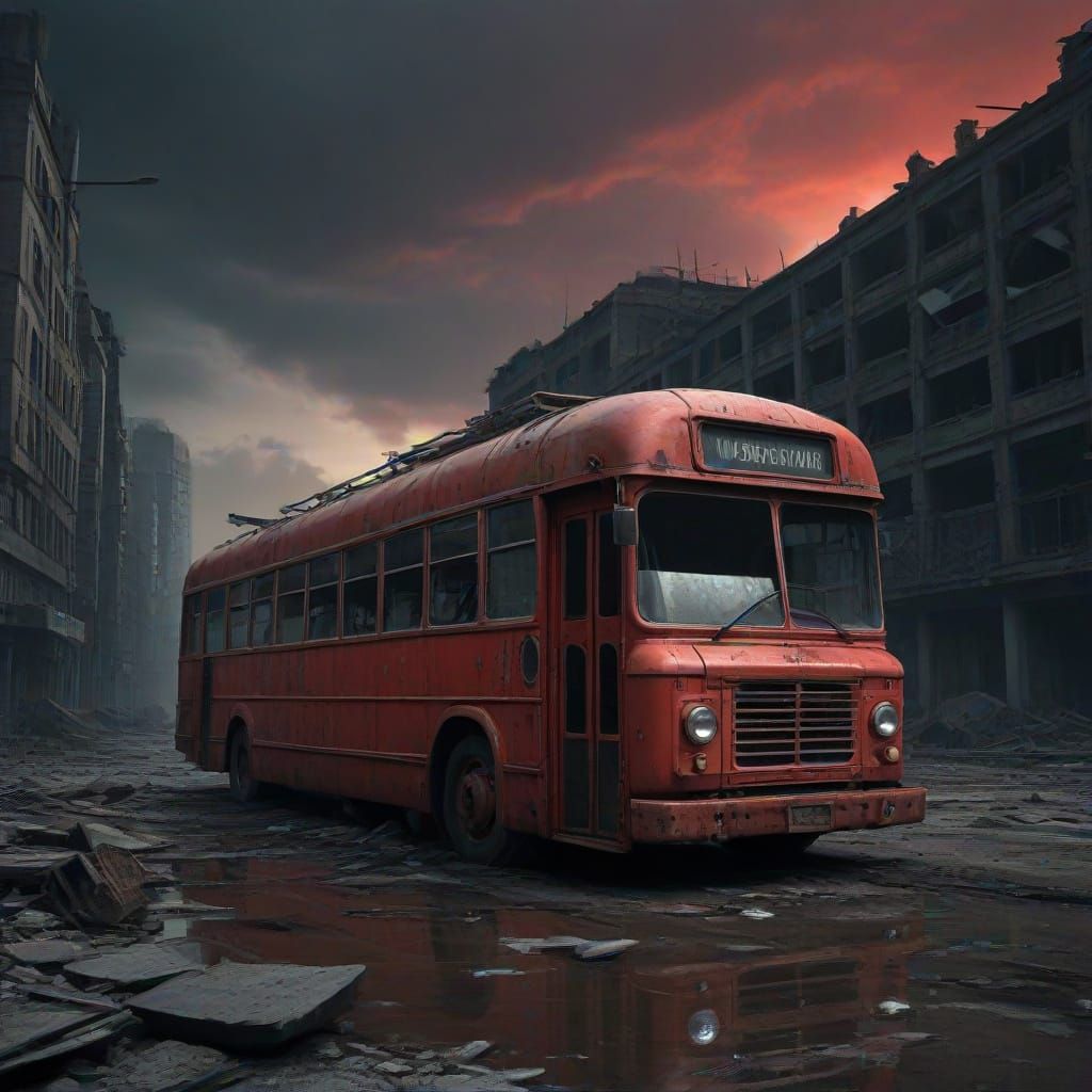 Abandoned Omnibus in Apocalyptic City Under Blood-Red Sky