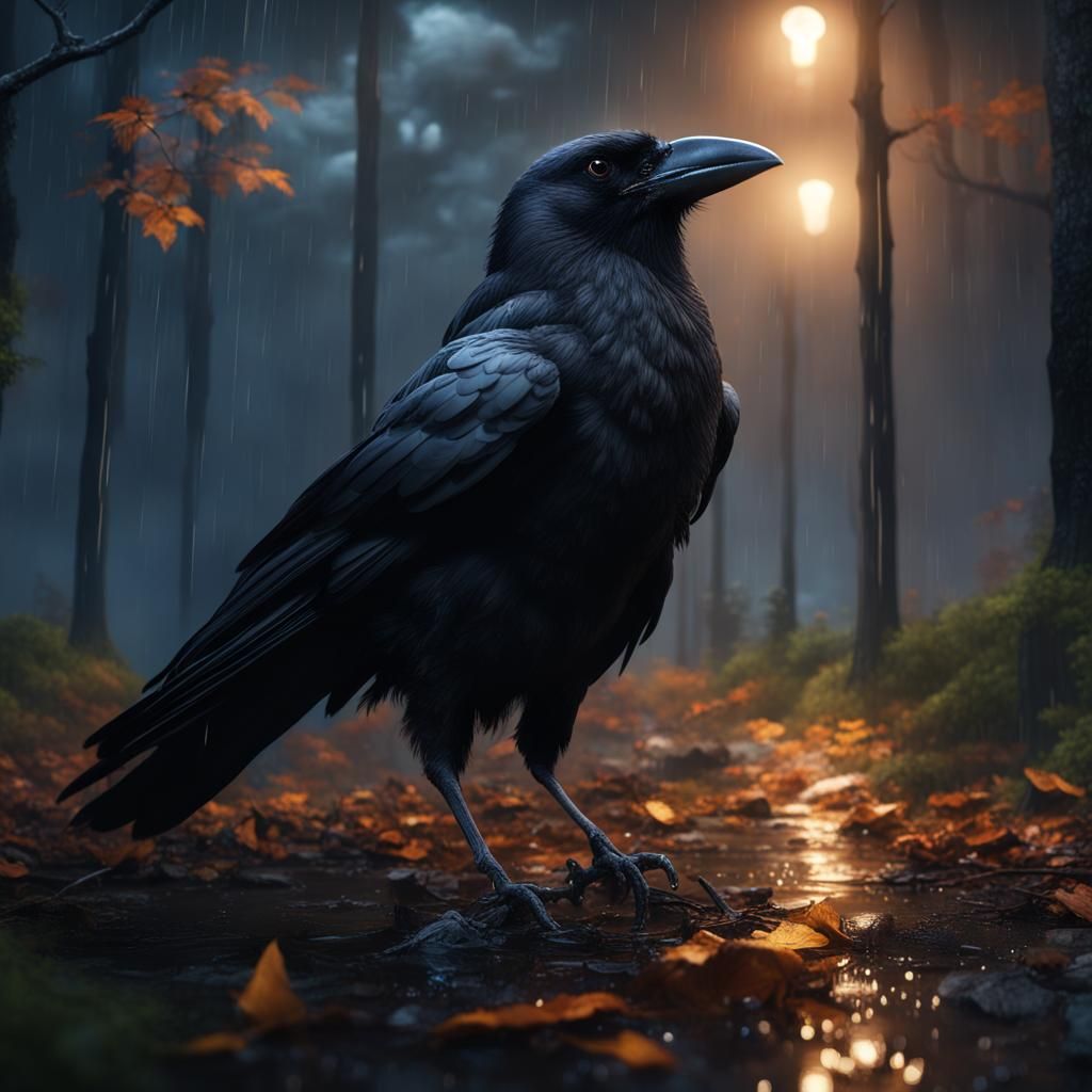 Eerie Crow in Forest at Night: Detailed Matte Painting