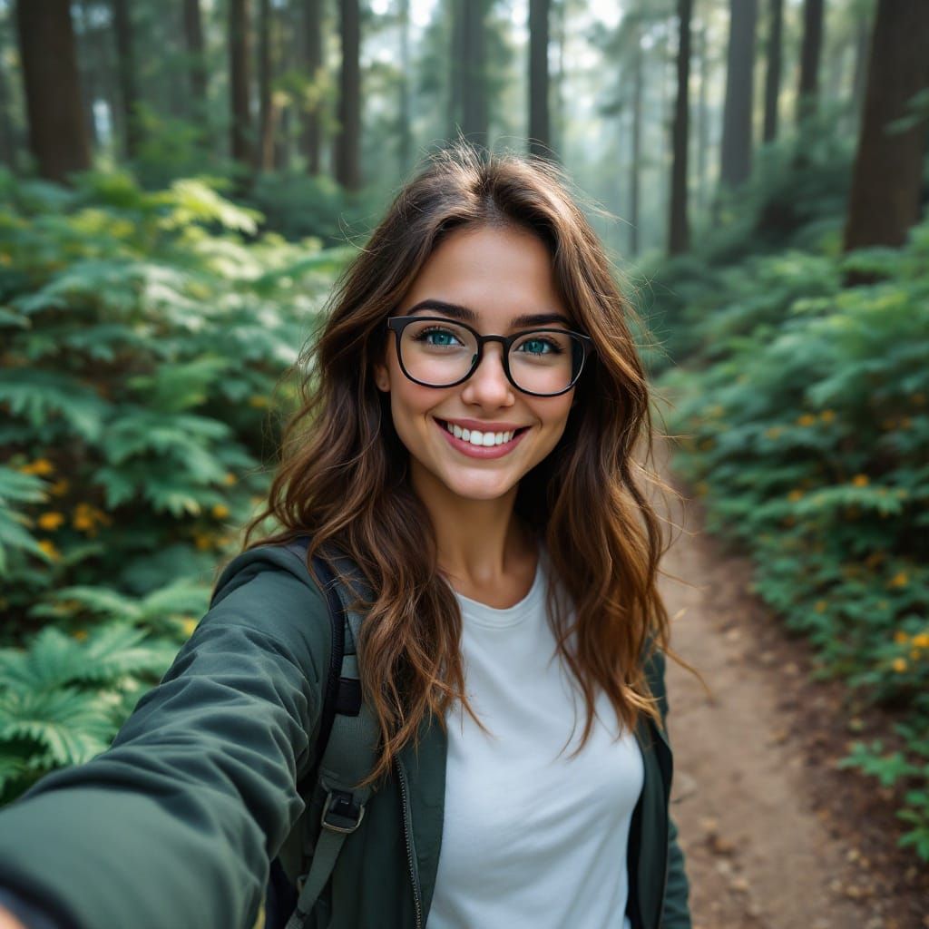 Woman Taking Selfie on Trail in Fantasy Art Style
