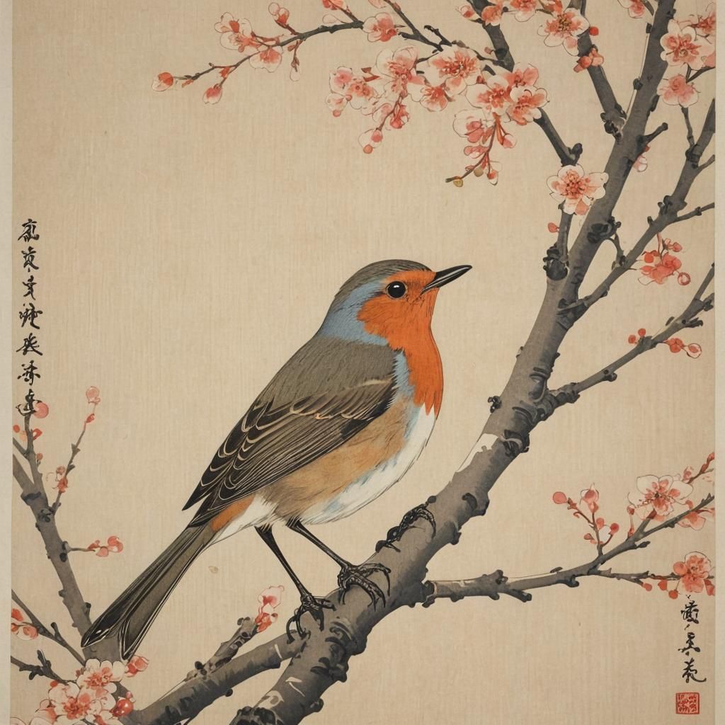 Robin in a cherry tree in style of Hokusai