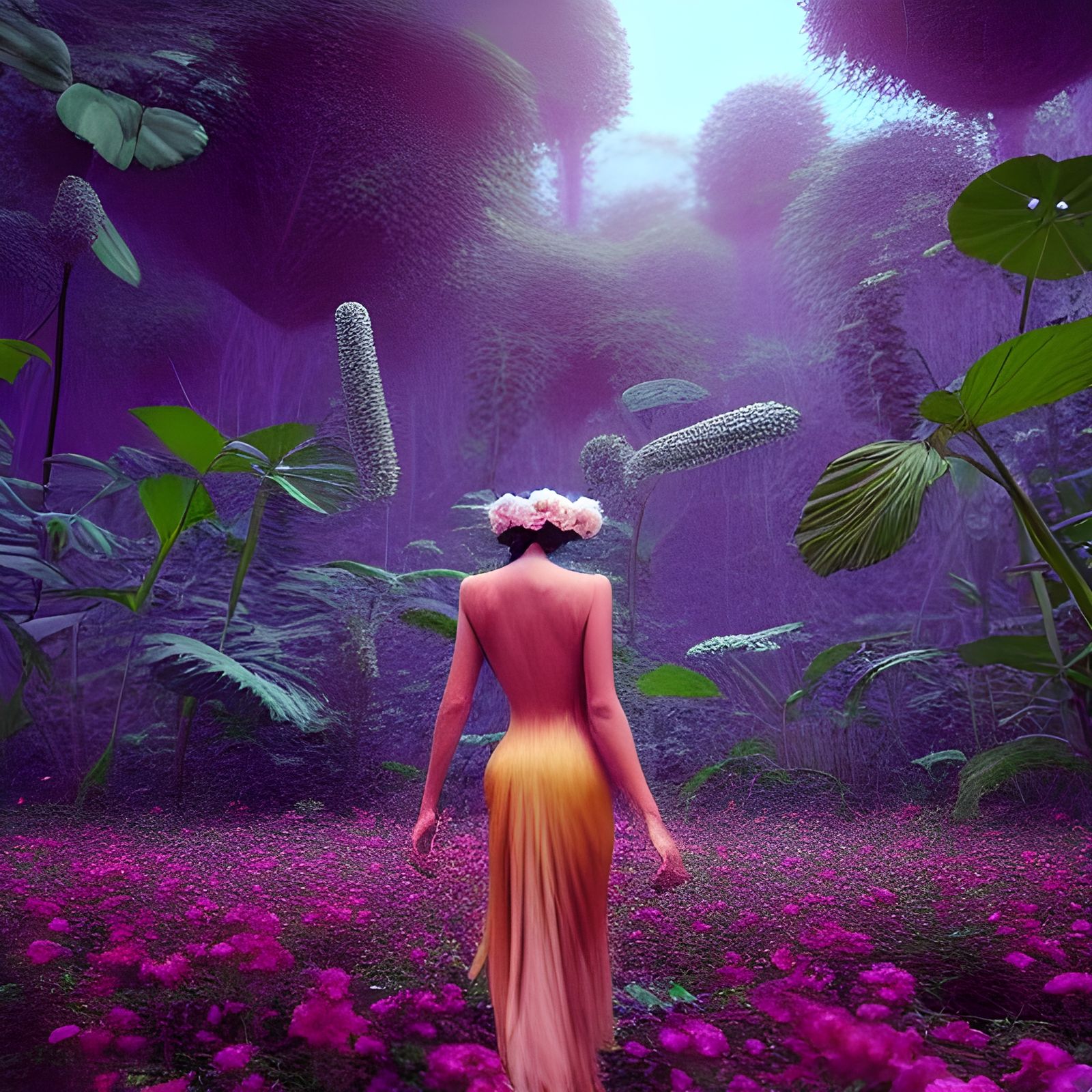 Goddess in Strange Flower Jungle, Hyperrealistic 3D Art
