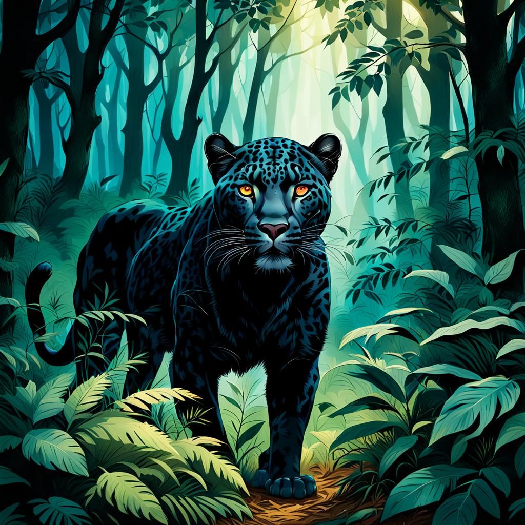 Black Leopard Hunting Deer in Lush Forest