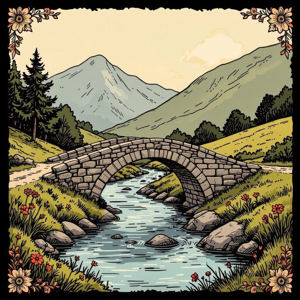 Stone Bridge Over Mountain River in Storybook Style