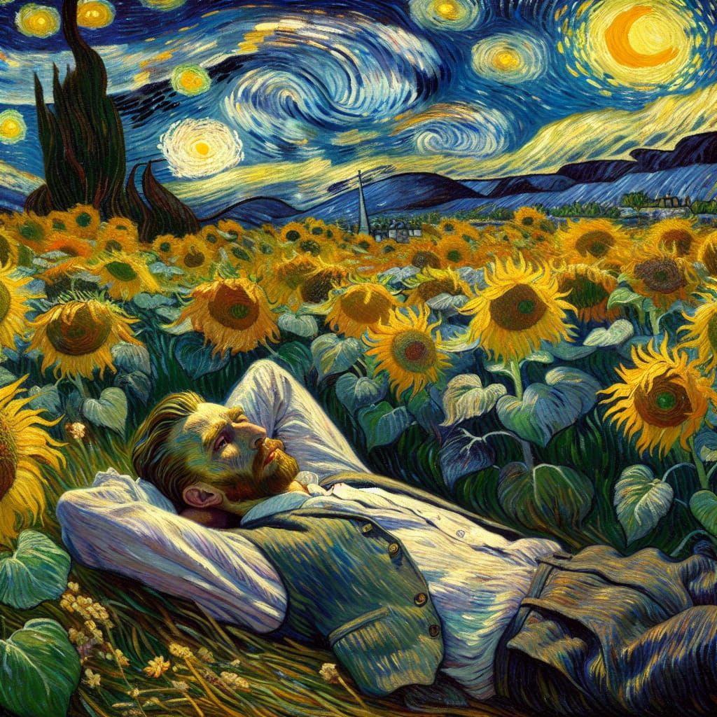 Man Sleeping in Sunflower Field: Impressionistic Oil Paintin...