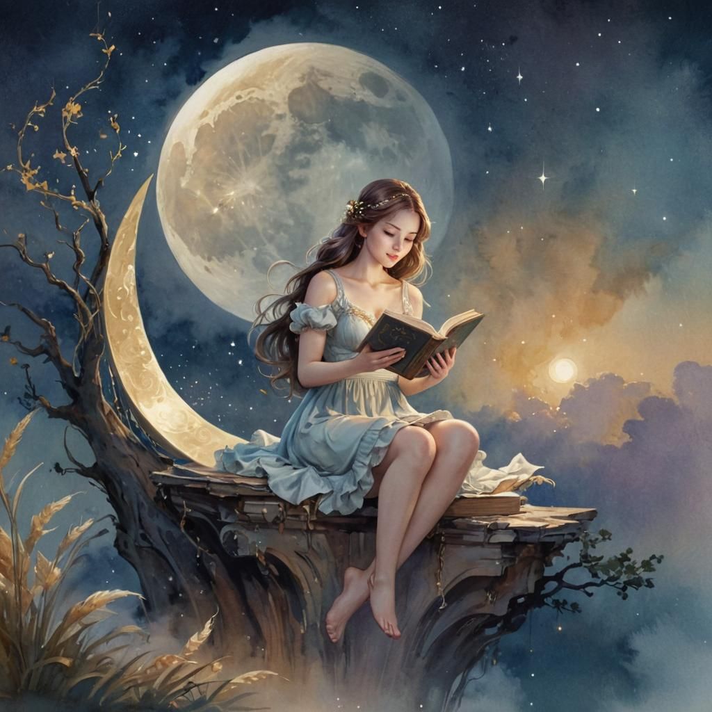 Magical Moonlit Reader in Watercolor Style