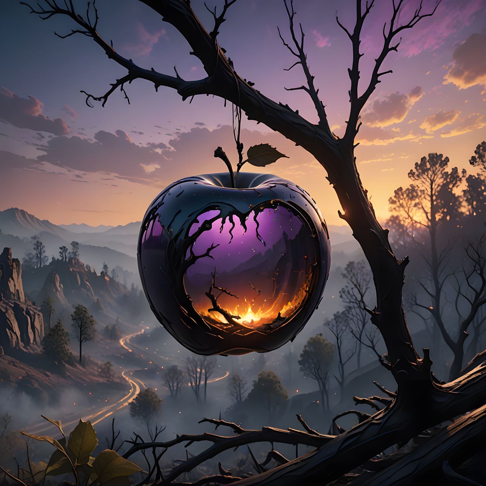 Surreal Landscape of a Burning Apple in a Dark Fantasy World