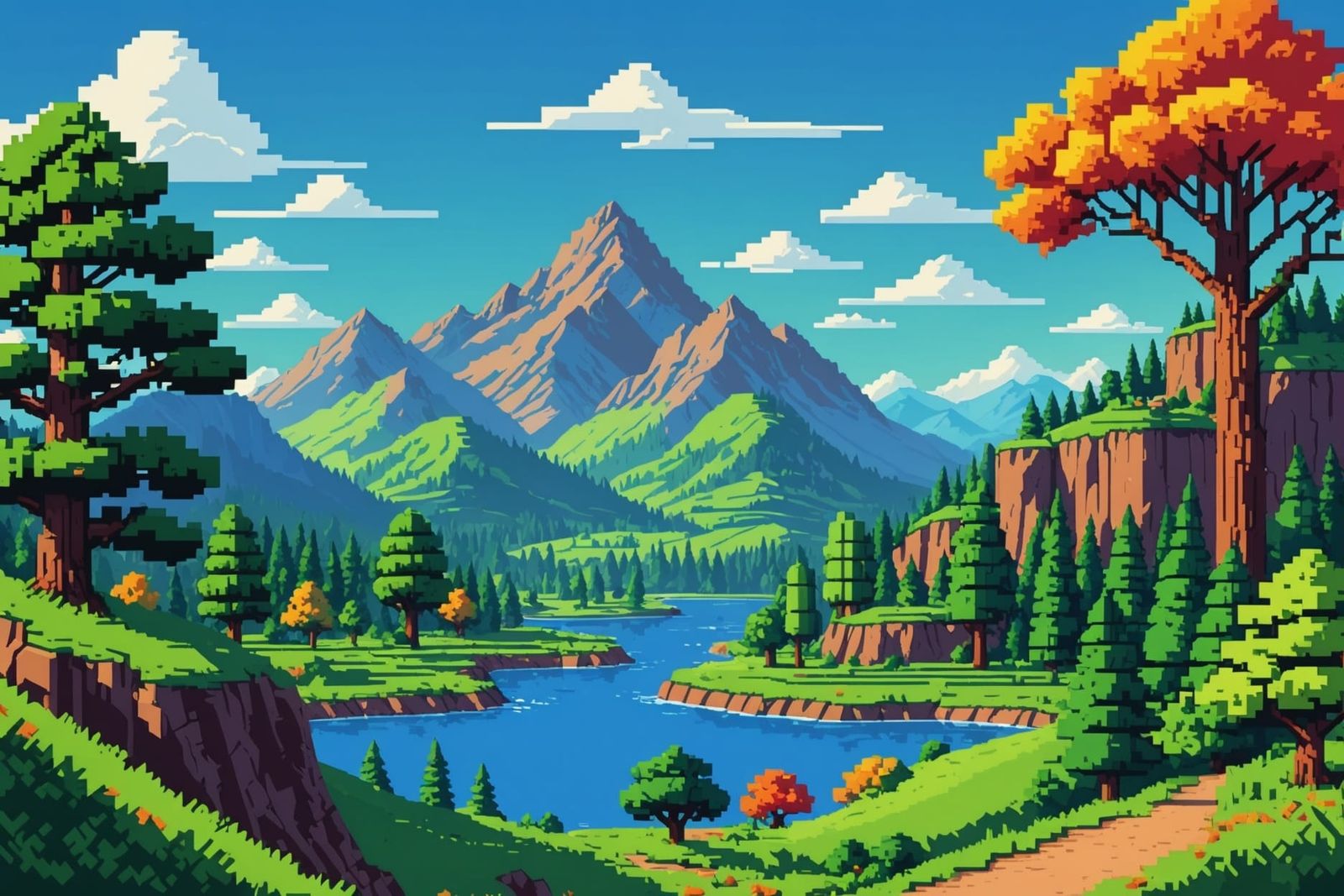 Retro Pixel Art Landscape with Mountains and Trees