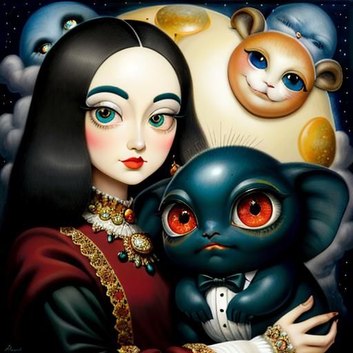 Surreal Faces with Large Eyes in Whimsical Setting