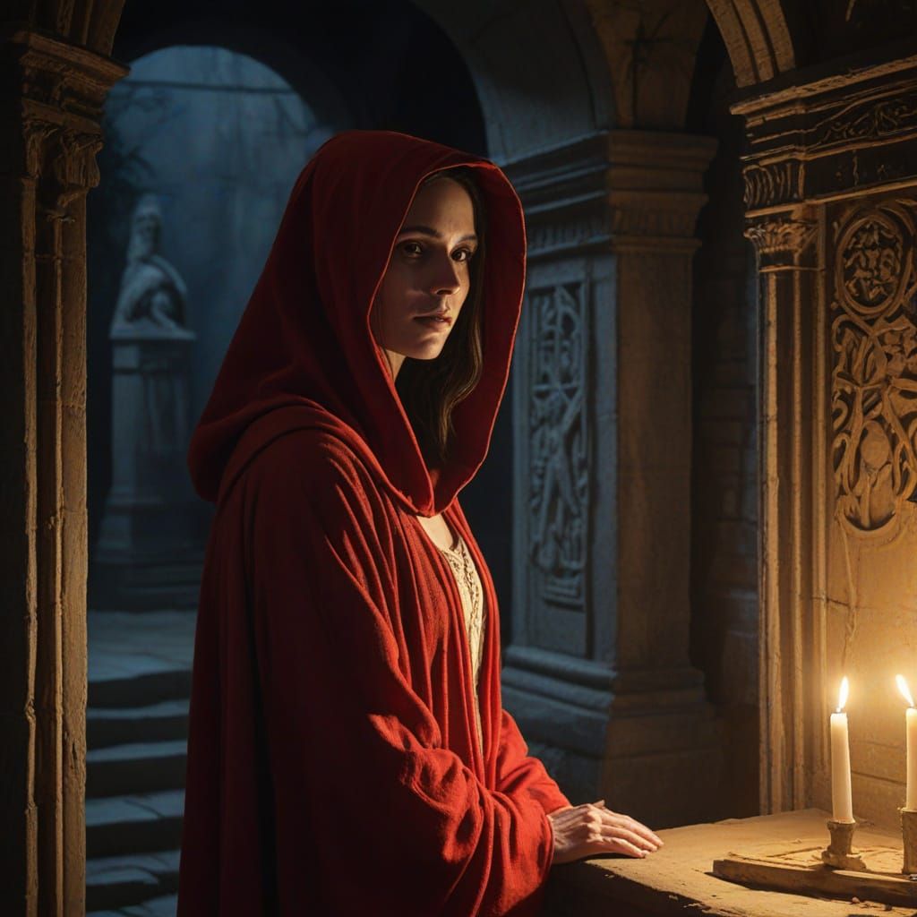 Eerie Skeletal Woman in Crypt, Oil Painting