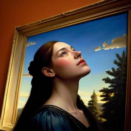 Woman Gazing at Electric Sky: Chiaroscuro Oil Painting