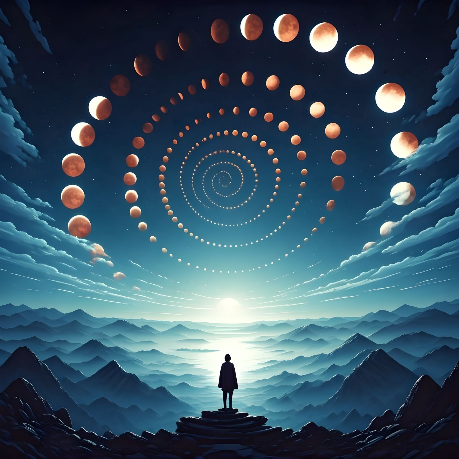 Dreamlike Spiral of Shimmering Moons in Indigo Sky