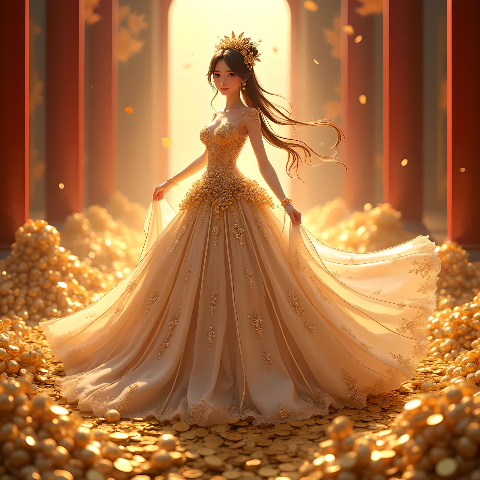 Wealthy Anime Princess in Gown, 3D Render