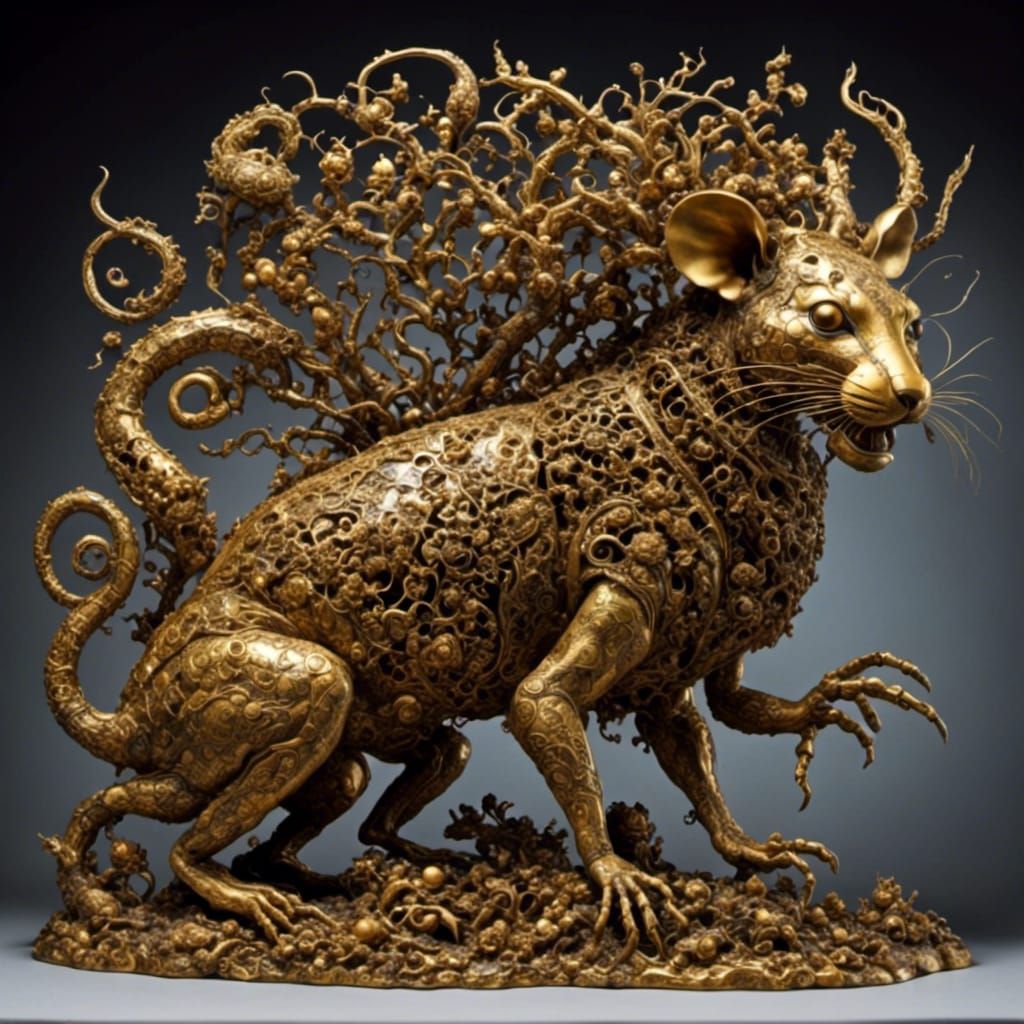 Surreal Chimera Amber Sculpture in Ink Wash Style