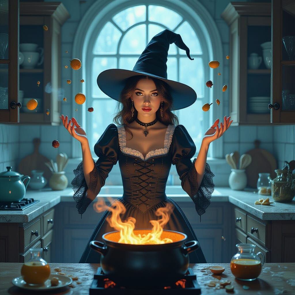 Witch in Gothic Kitchen with Floating Ingredients