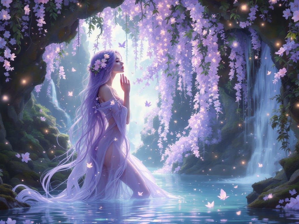 Enchanted Grotto Goddess with Lavender Hair and Bioluminesce...