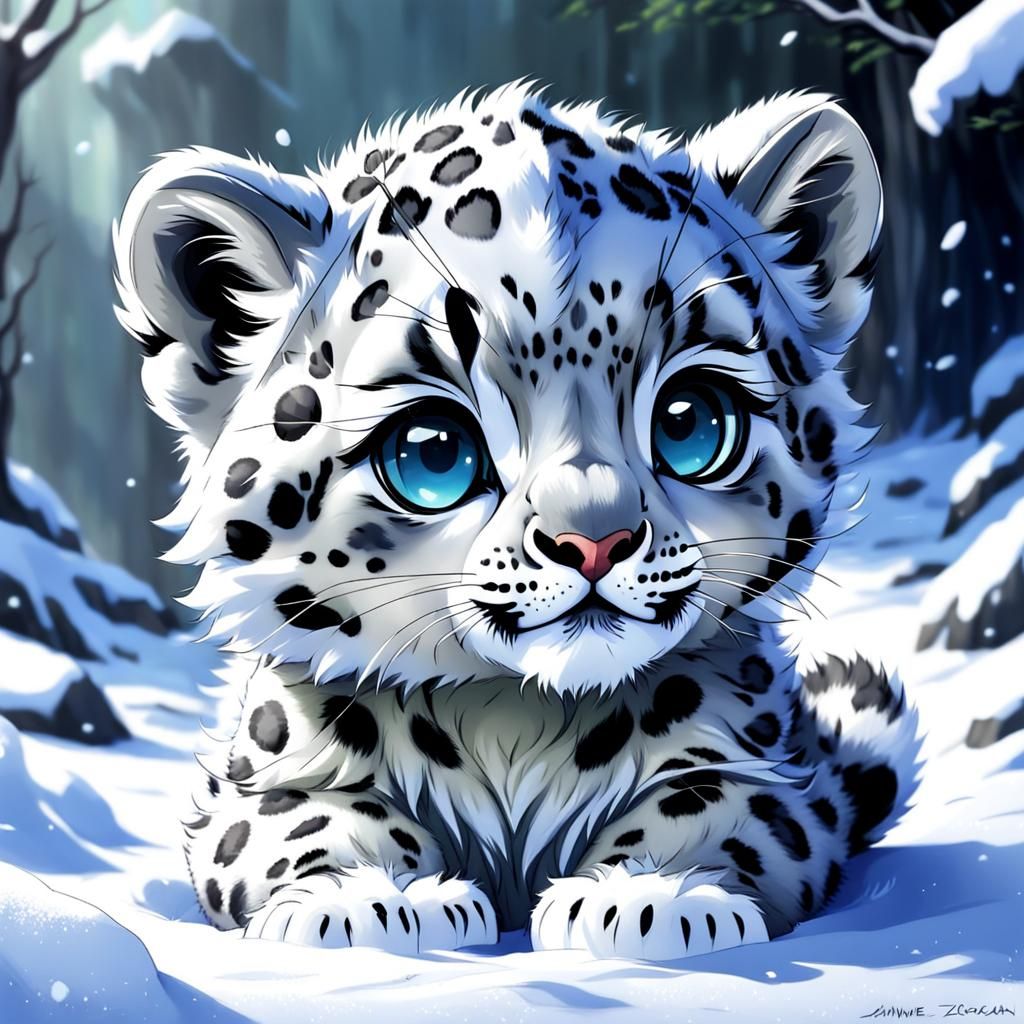 Adorable Baby Snow Leopard in Anime Style