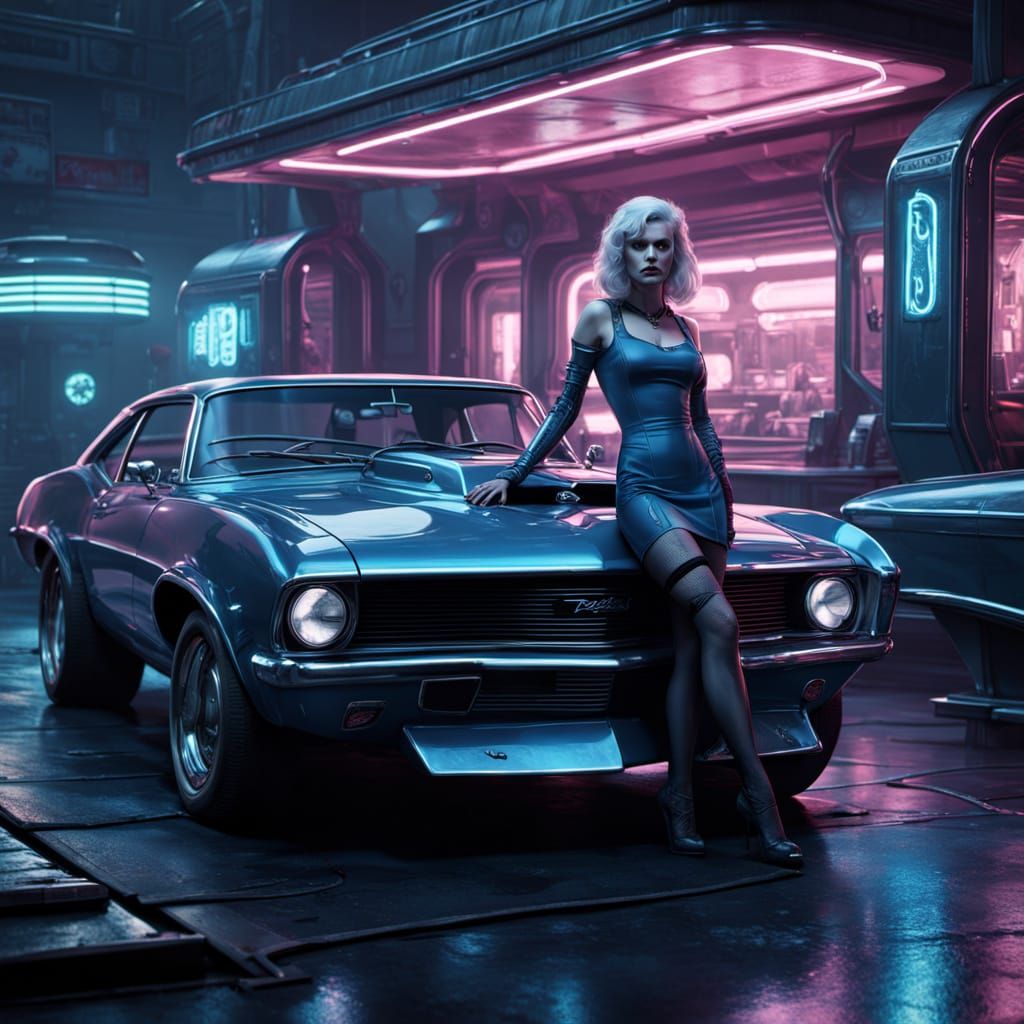 Sultry Femme Fatale Leans on Retro-Futuristic Chevy in Neon-...