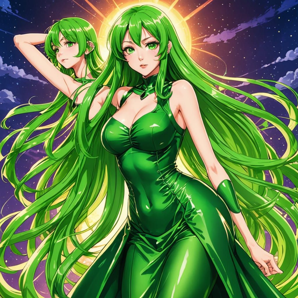 Anime Goddess in Green Latex Dress