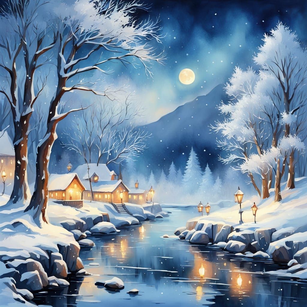 Ethereal Winter Wonderland in Vibrant Watercolors