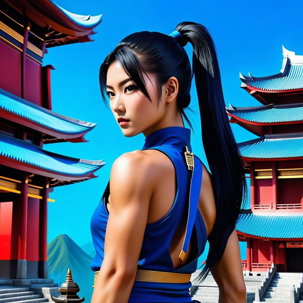 Kitana Visits an Asian Temple in Fantasy Art