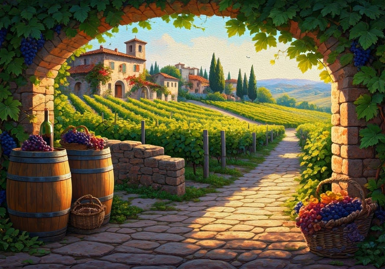 Idyllic Roman Estate Vineyard in Golden Light