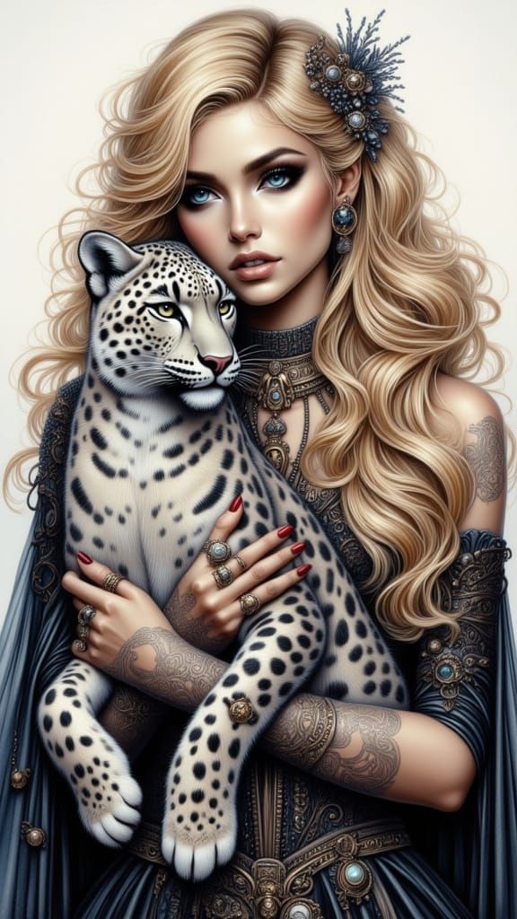Woman with Snow Leopard in Steampunk Oil Painting