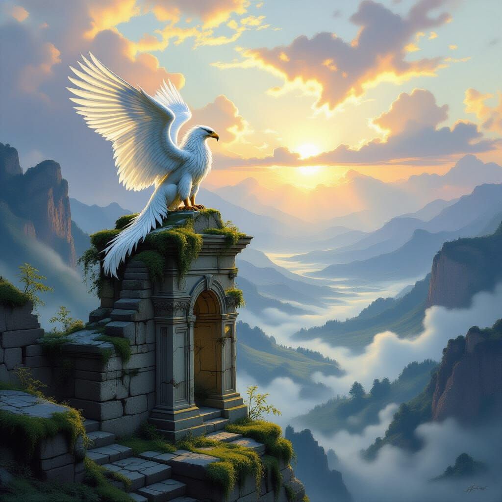 Majestic Griffin Above Misty Valley at Dawn