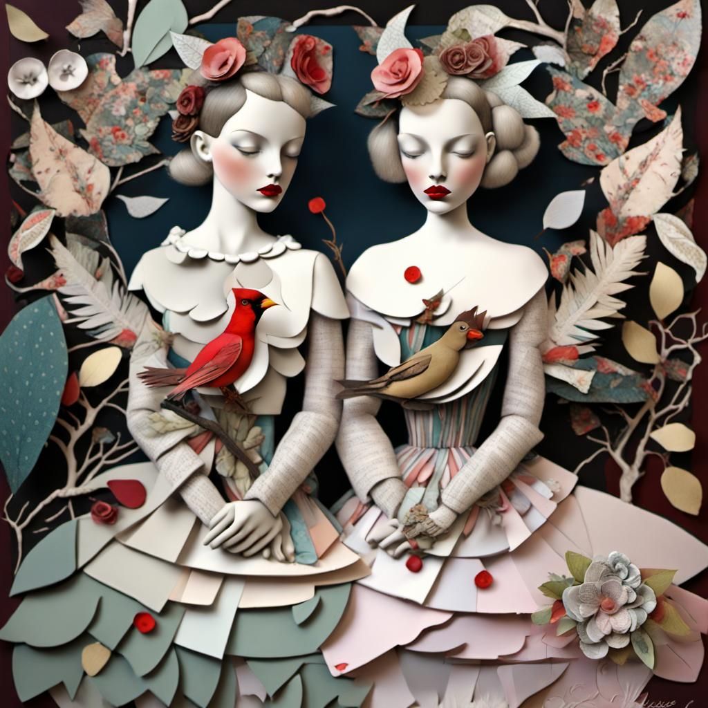 Surreal Mixed Media Collage with Twins and Cardinals