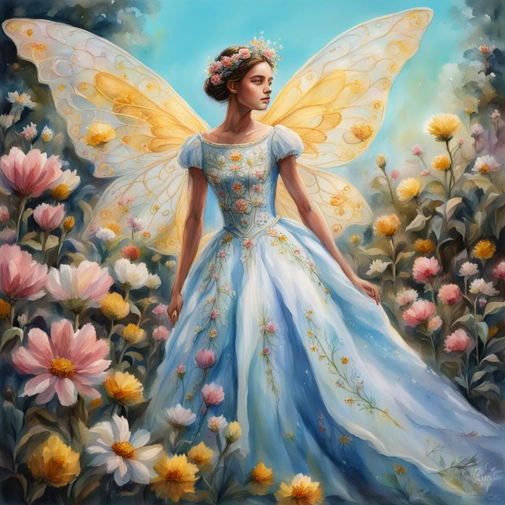 Watercolor Fairy Queen in Flower Garden