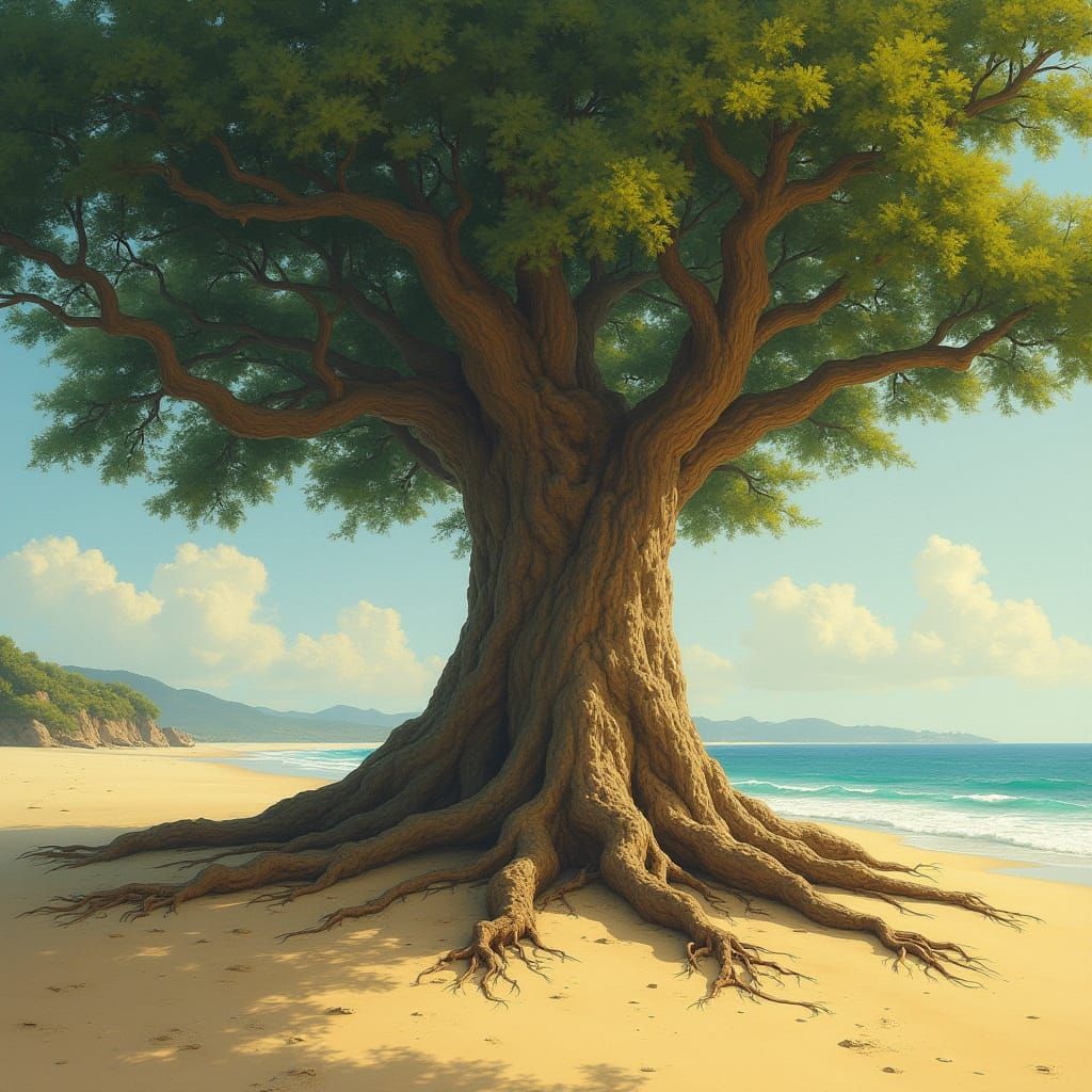 Surreal Beach Tree with Jesus-like Features in Vibrant Color...
