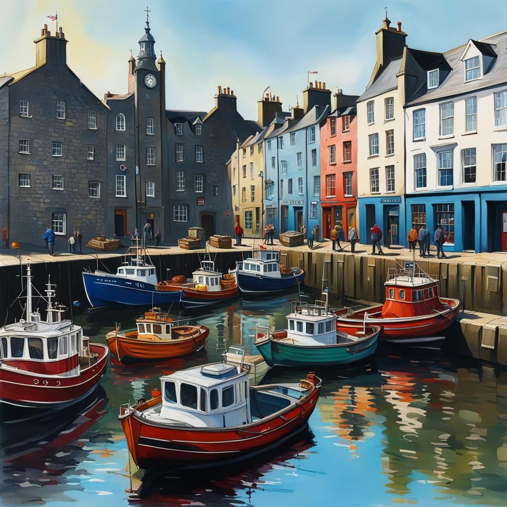 Aberdeen Harbor in Spring: Hyperrealistic Splash Art