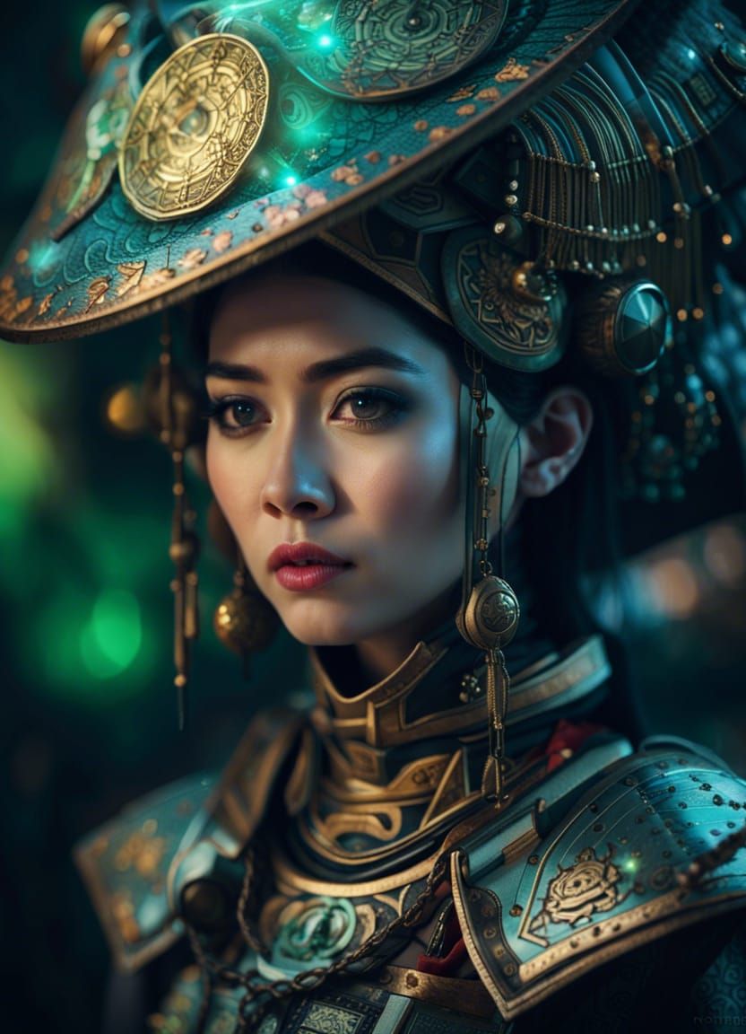 Robotic Warrior in Ancient Ao Dai on Exoplanet