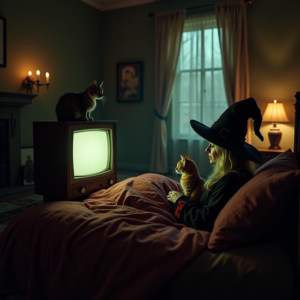 Witch Watches Cats on TV: Pixar-Style Photorealism