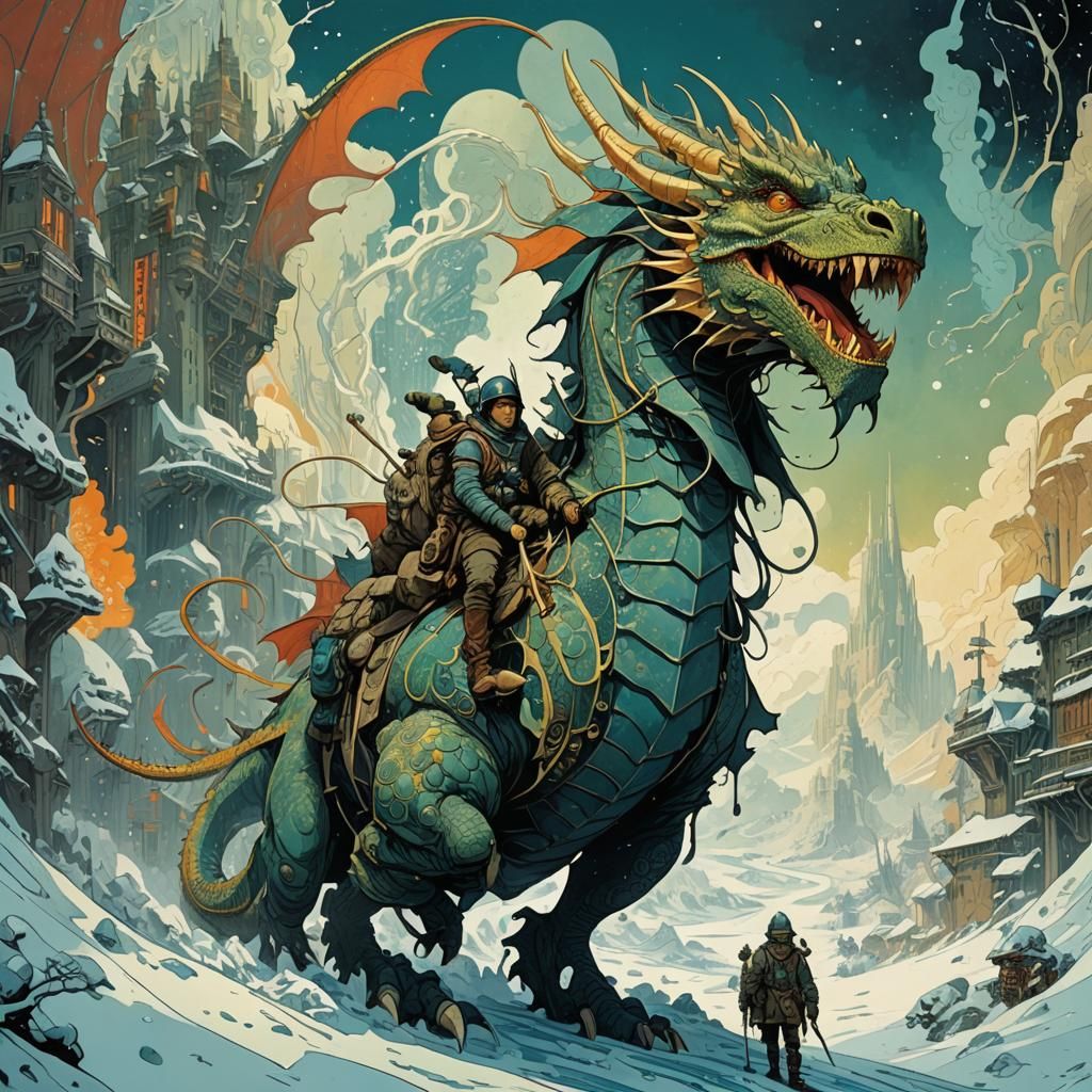 Dragon Rider in Apocalyptic Winter Landscape